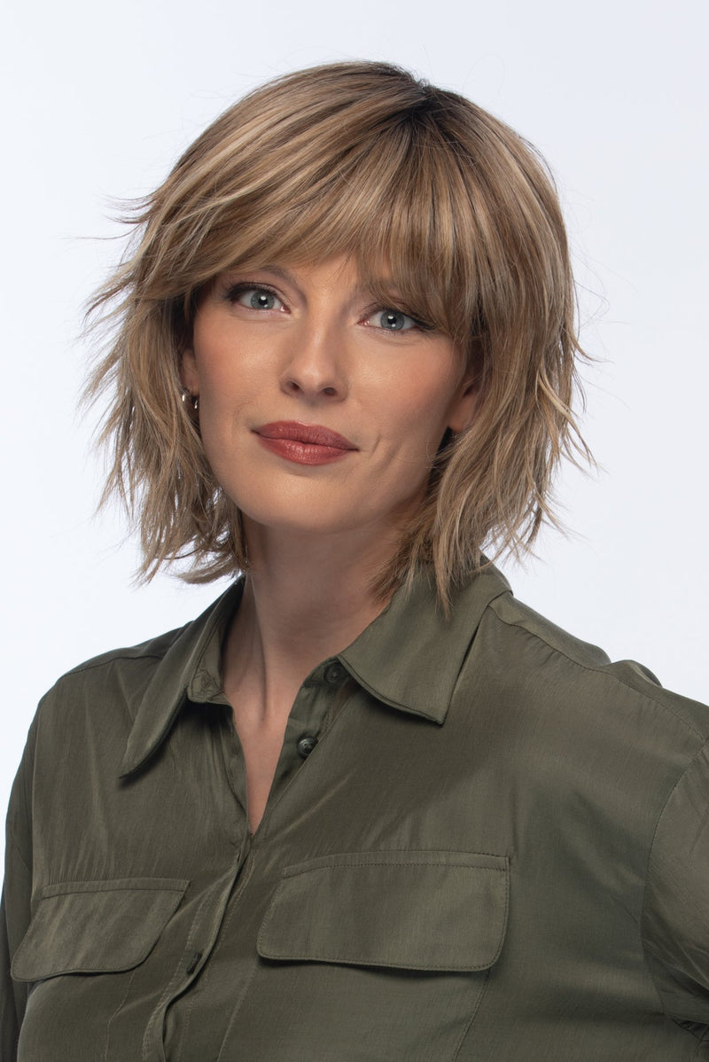 RH12/26RT4 light brown with chunky golden blonde highlights and dark brown roots
